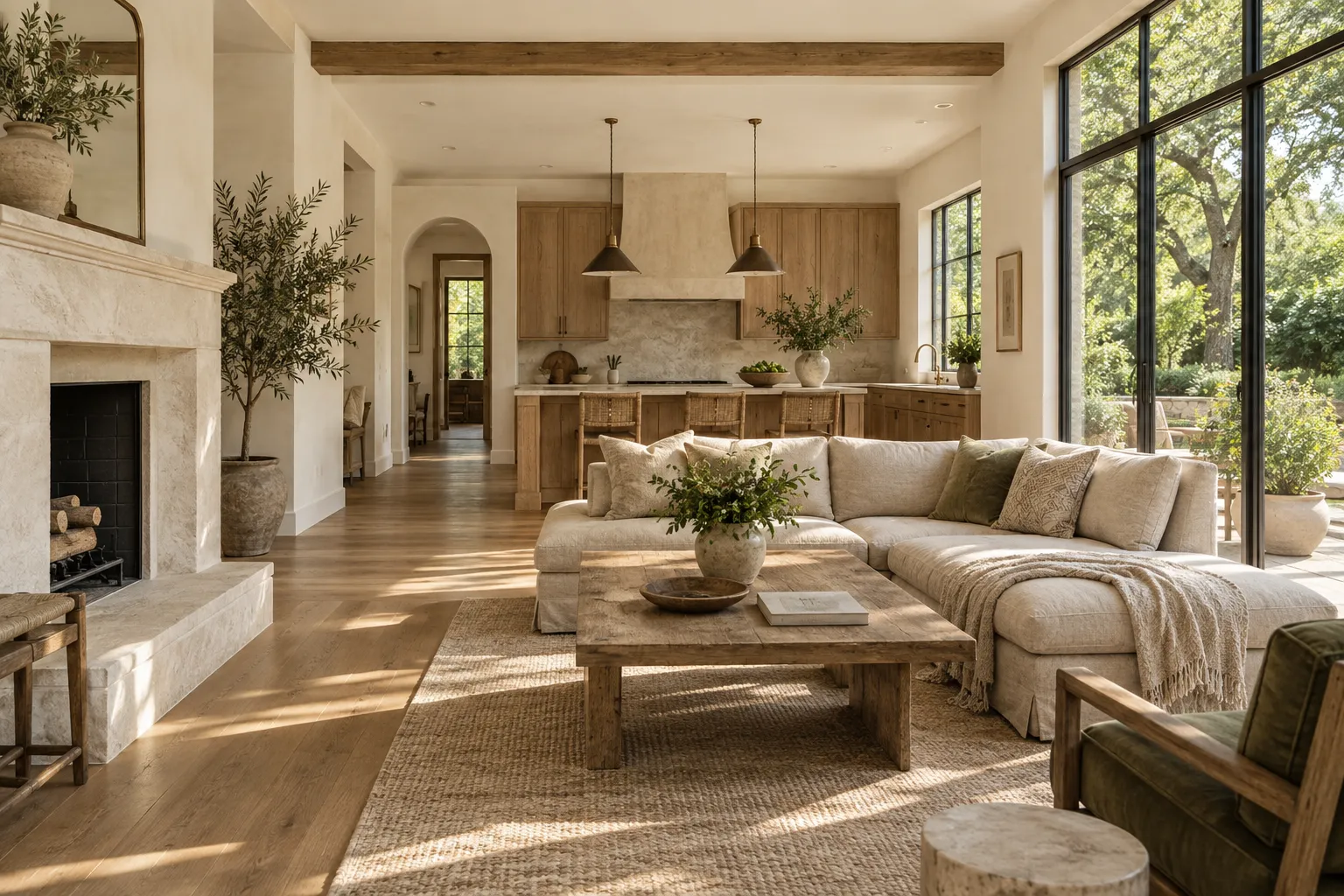 Illustrative sunlit living room opening into an oak kitchen